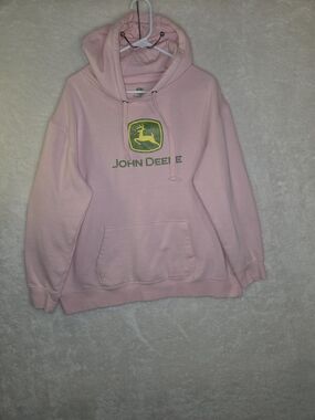 John Deere Pink Hoodie Pullover Sweatshirt Womens Sz XL Sparkly Green Logo